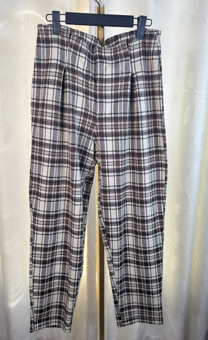 Free People Brown Plaid Pleated Tab Stretch Pants, Size S